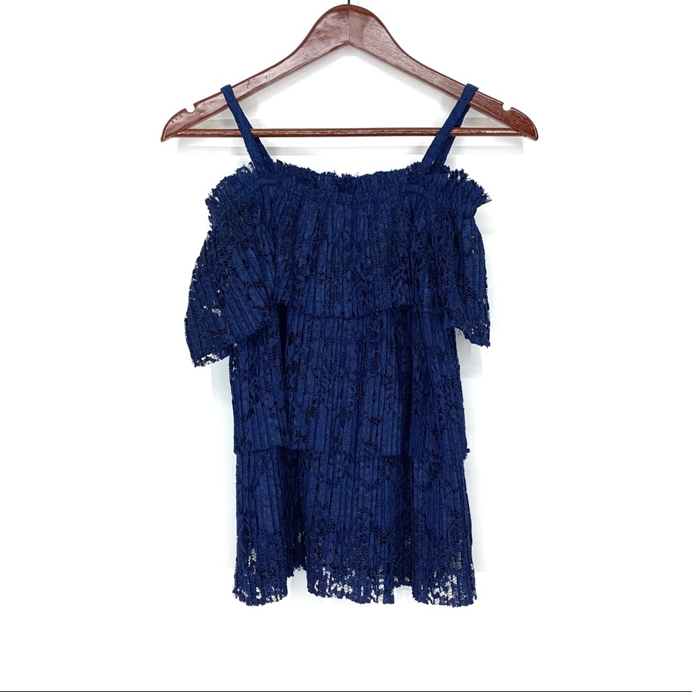 ECI Navy Blue Tiered Ruffle Lace Layered Off The Shoulder Blouse Nwt Size Small